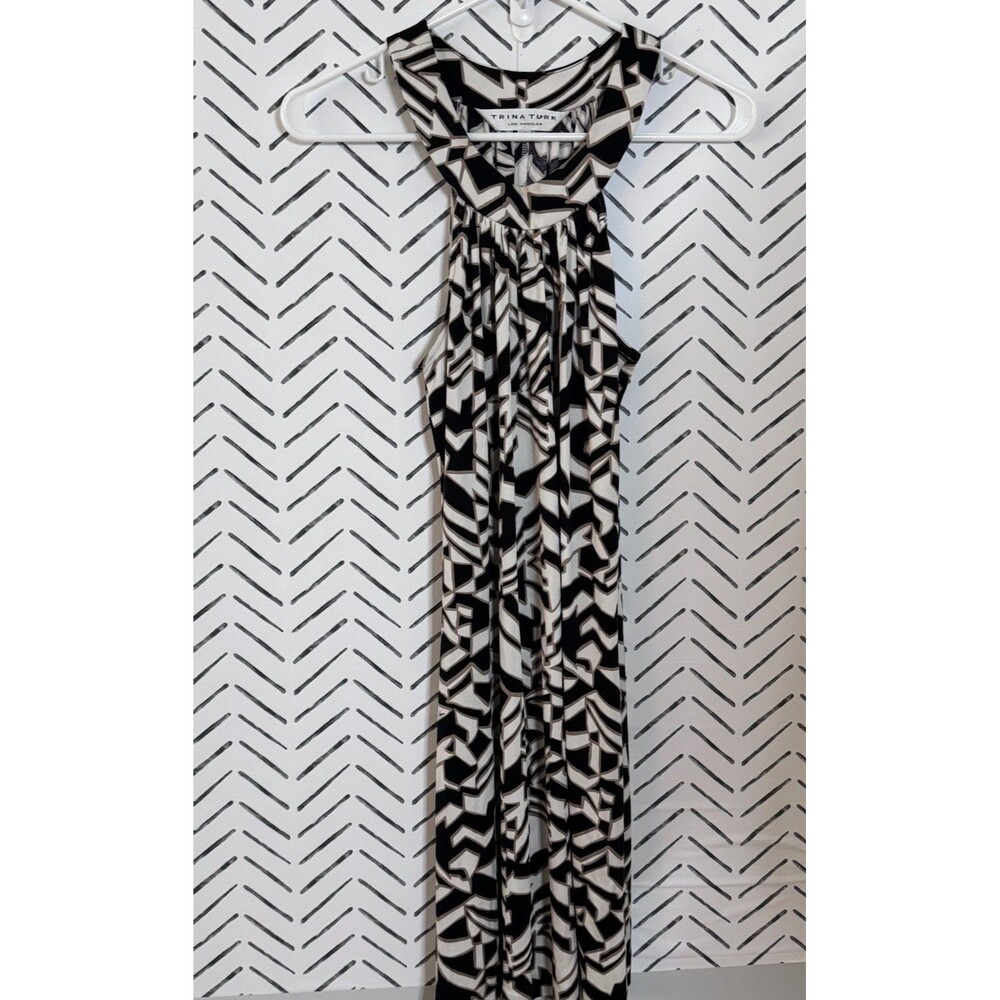 Trina Turk Black and White Geometric‎ Print Sleeveless Dress 100% Silk Size 4